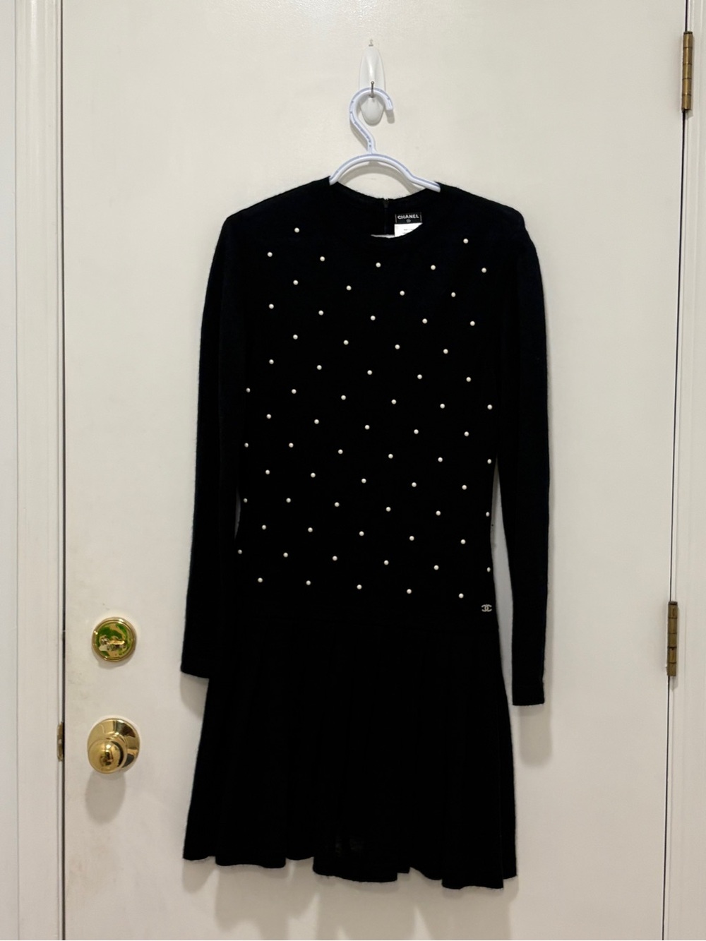 Vintage CHANEL Black Long Sleeve Knit Dress with Pearl Stud Detail